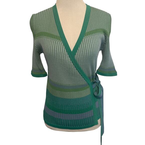 Diane von Furstenberg Lyric Wrap Sweater Womens Small Stripe Cloud Turquoise - Picture 2 of 11